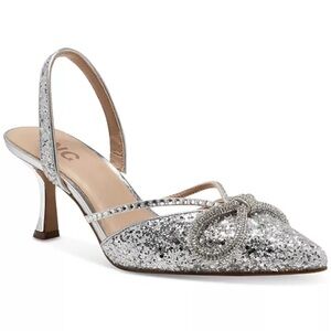 NEW INC International Concepts Silver Glitter Heels with Decorative Bow